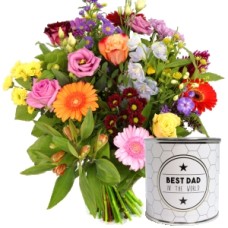 Bouquet + candy can "Best father in the world" (Fathers Day bouquet + Can of sweets dear daddy)